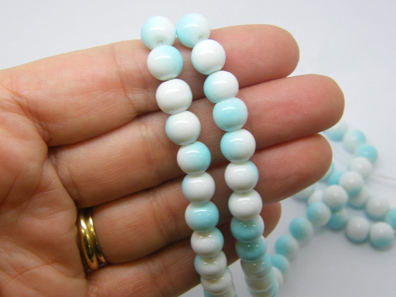 100 Two toned blue and white beads 8mm glass B251 - SALE 50% OFF
