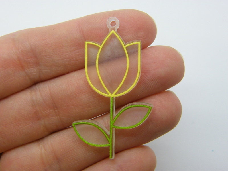 8 Tulip flower pendants clear green yellow acrylic F128