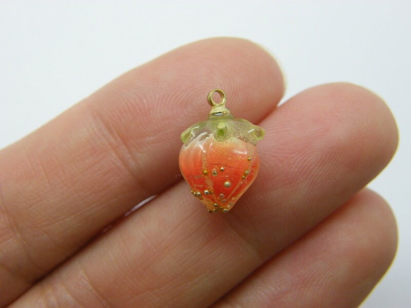 4 Rose bud charms red resin golden bails F623
