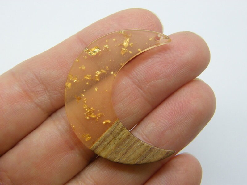 2 Moon pendants wood light orange gold foil resin M156