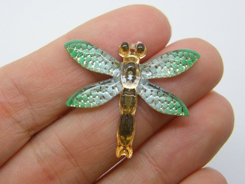 8 Dragonfly charms green gold acrylic A690