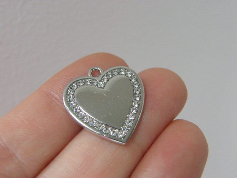 2 Heart rhinestone pendants silver tone H127