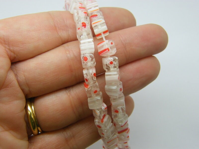66 Millefiori beads square flower stripe red 6 x 6mm glass B278 - SALE 50% OFF