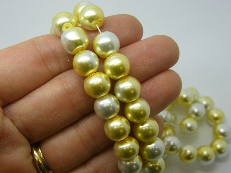 80 Two toned yellow and white beads 10mm glass B283  - SALE 50% OFF
