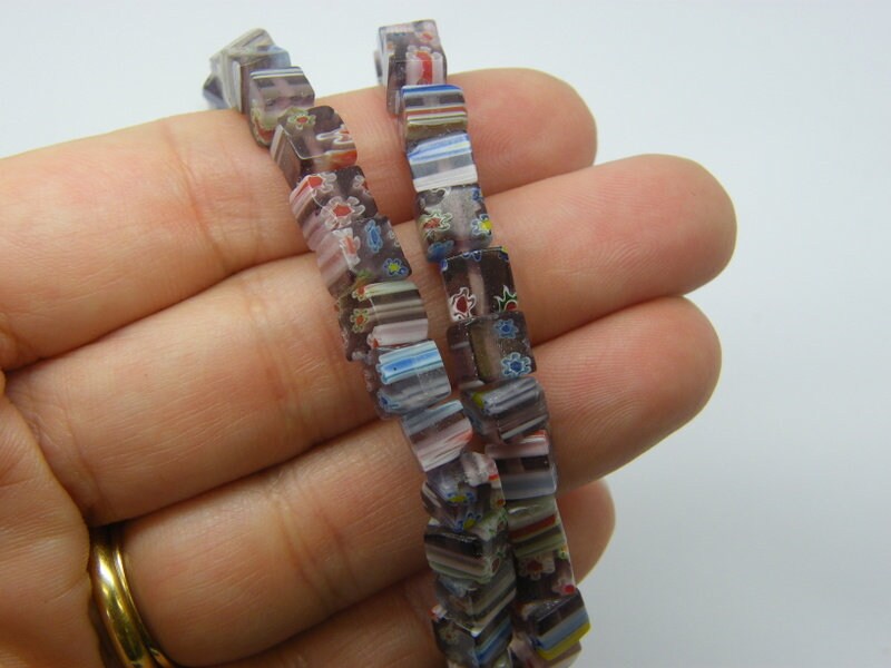 66 Millefiori beads square flower stripe grape purple 6 x 6mm glass B279- SALE 50% OFF