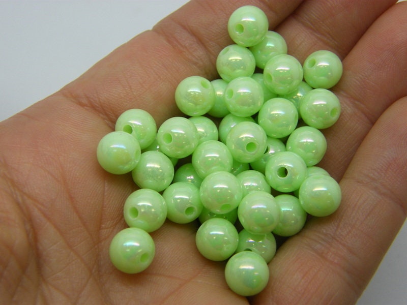 100 Green beads 8mm round AB acrylic AB526 - SALE 50% OFF