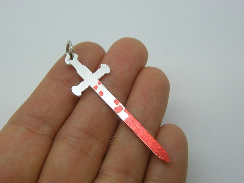 2 Bloody sword pendants red black silver acrylic SW39