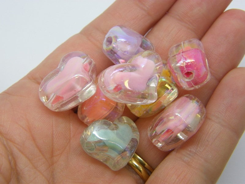 20 Clear and inner colour heart beads random mixed AB acrylic BB359 - SALE 50% OFF