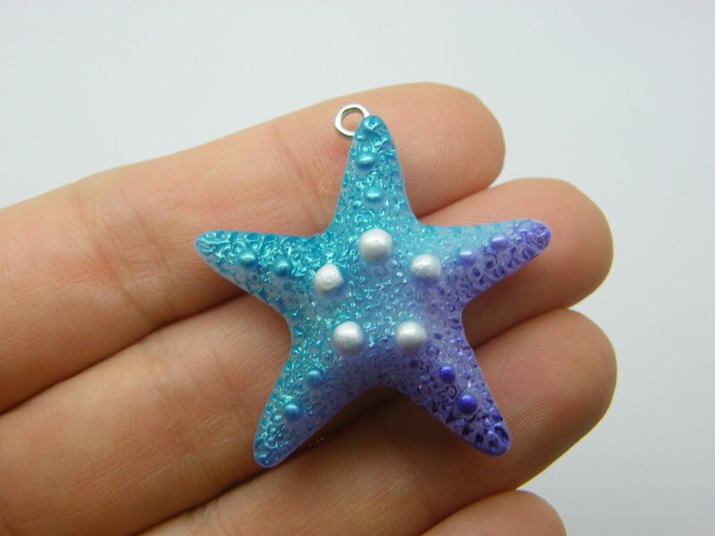 4 Starfish pendants purple blue resin FF738