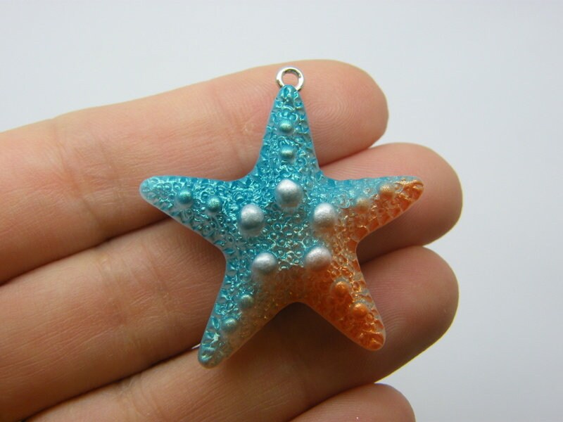 4 Starfish pendants orange blue resin FF494