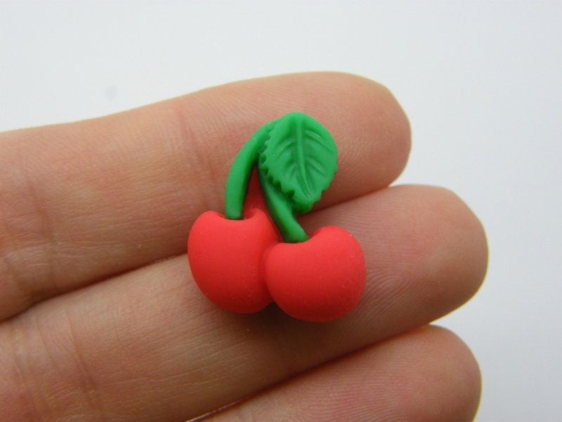 10 Cherries embellishment cabochon red green resin FD513