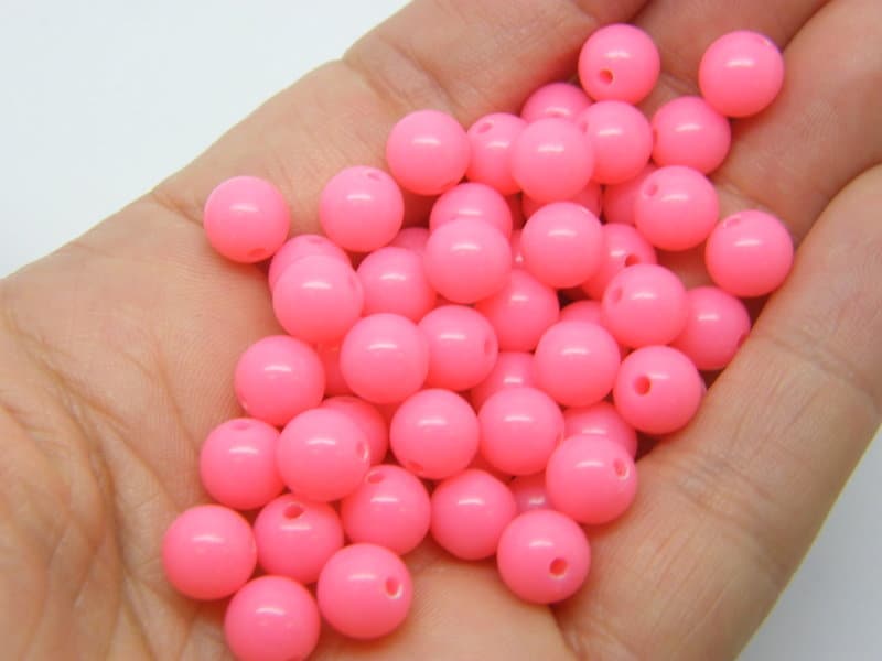 100 Pink fluorescent beads 8mm round acrylic AB521 - SALE 50% OFF