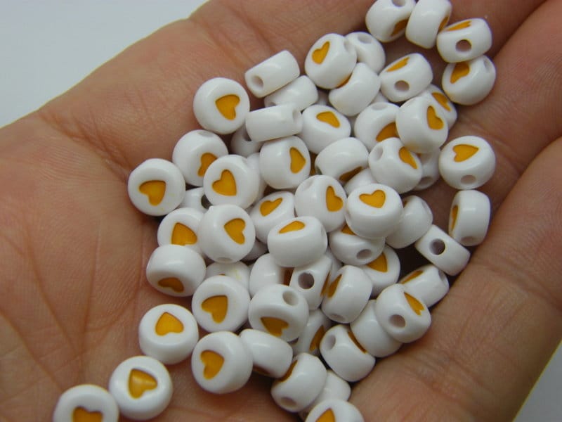 100 heart beads white orange acrylic AB486  - SALE 50% OFF