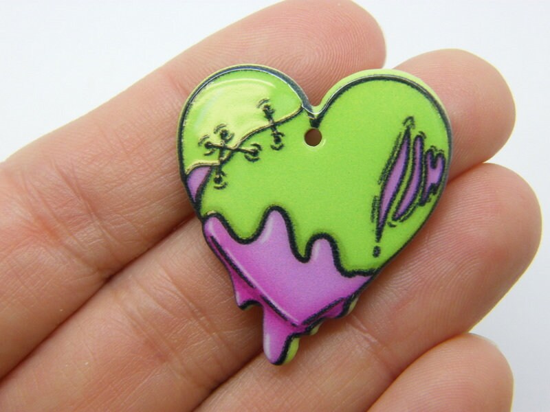 2 Stitched bleeding heart Halloween pendants green purple acrylic HC695