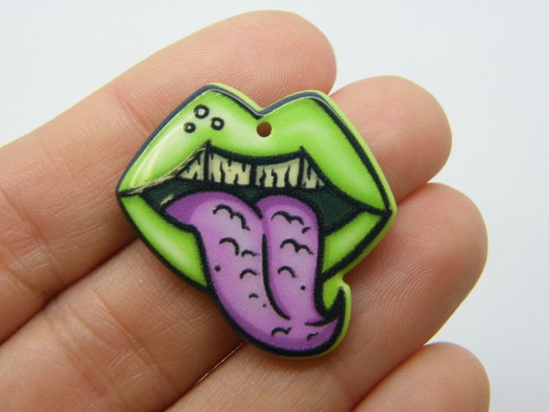 2 Monster mouth Halloween pendants green purple acrylic HC694