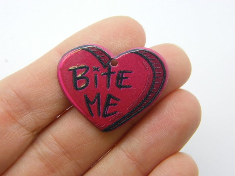 2 Bite me heart Halloween pendants red acrylic HC691