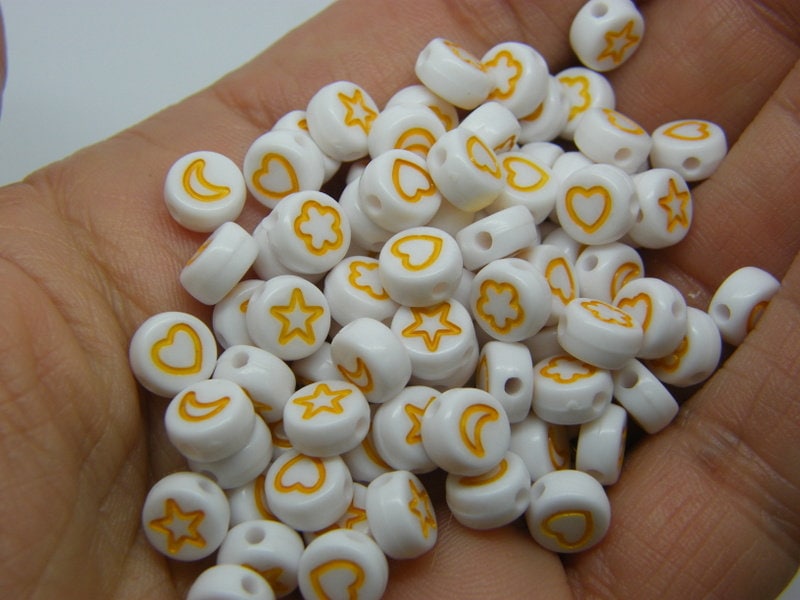 100 Star moon flower heart beads random mixed white orange acrylic AB560  - SALE 50% OFF