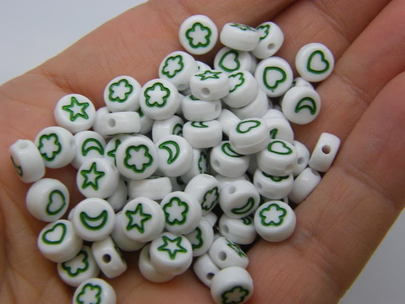 100 Star moon flower heart beads random mixed white green acrylic AB562  - SALE 50% OFF