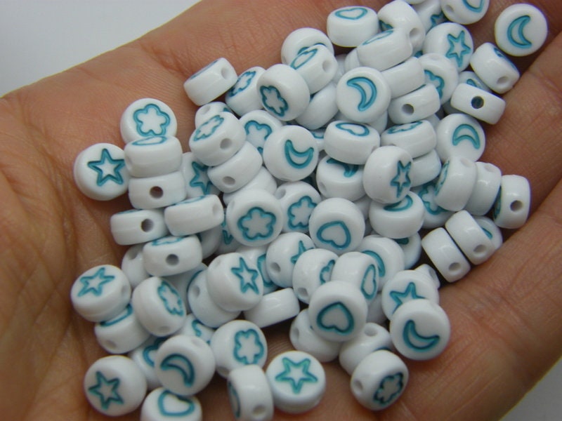 100 Star moon flower heart beads random mixed white turquoise acrylic AB563  - SALE 50% OFF