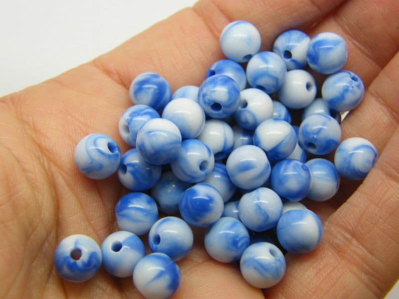 100 Marbled beads 8mm blue white acrylic AB567  - SALE 50% OFF