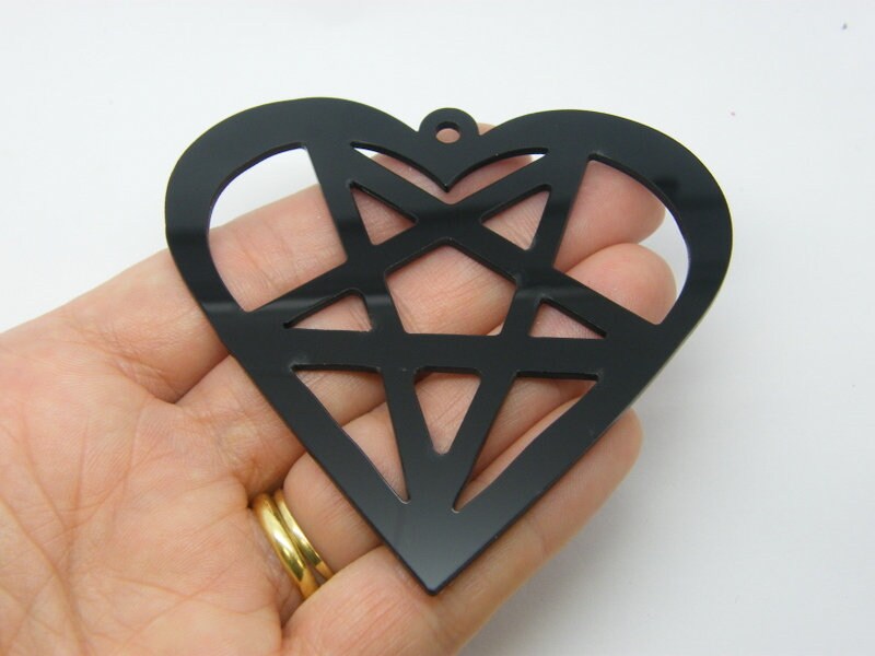 2 Large Heart pentagram pendants 80mm black acrylic HC