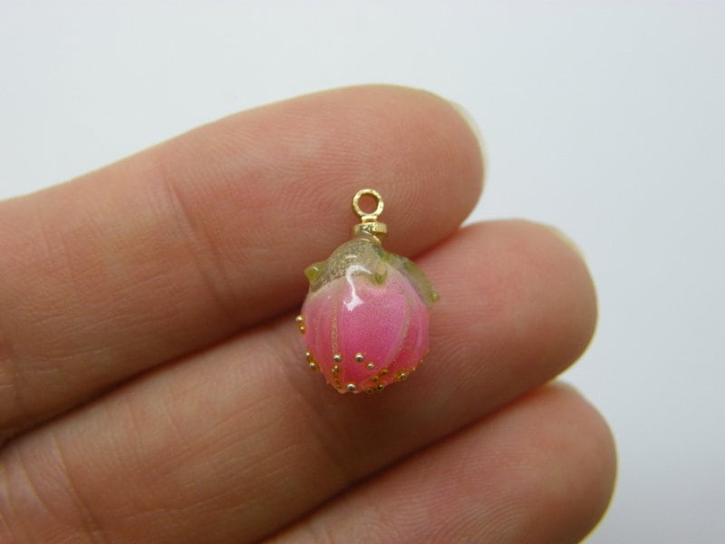 4 Rose bud charms pink resin golden bail F624
