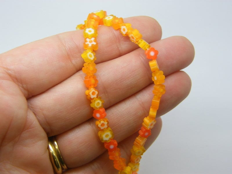 74 Millefiori beads flat round flowers orange white 6mm glass OB199