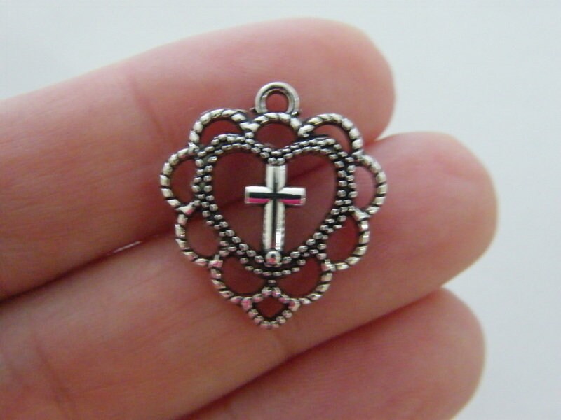 8 Heart and cross charms antique silver tone C14