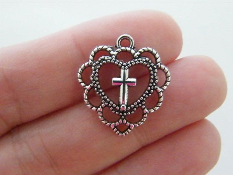 BULK 50 Heart and cross charms antique silver tone C14