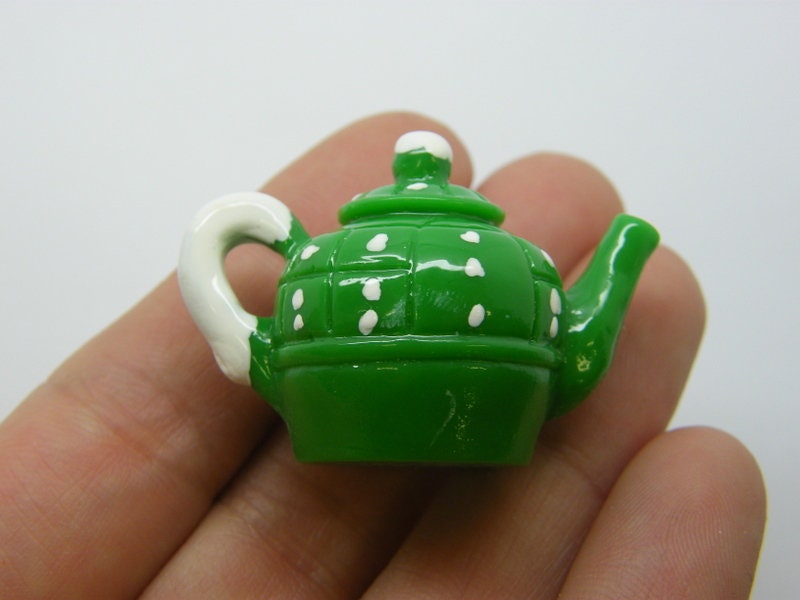 4 Teapot pendants green white resin FD134