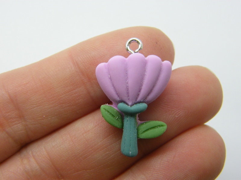 4 Flower thistle charms purple green resin F643