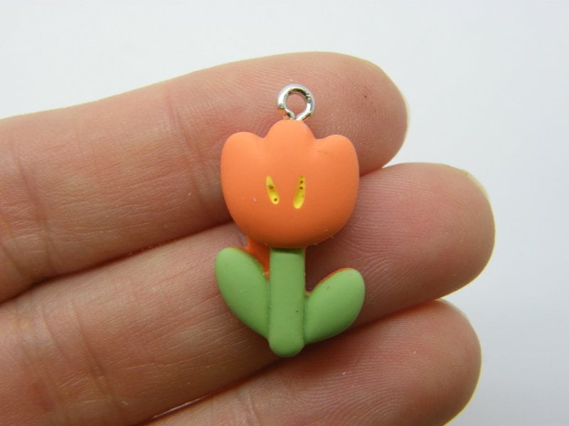 2 Flower tulip charms green orange resin F100