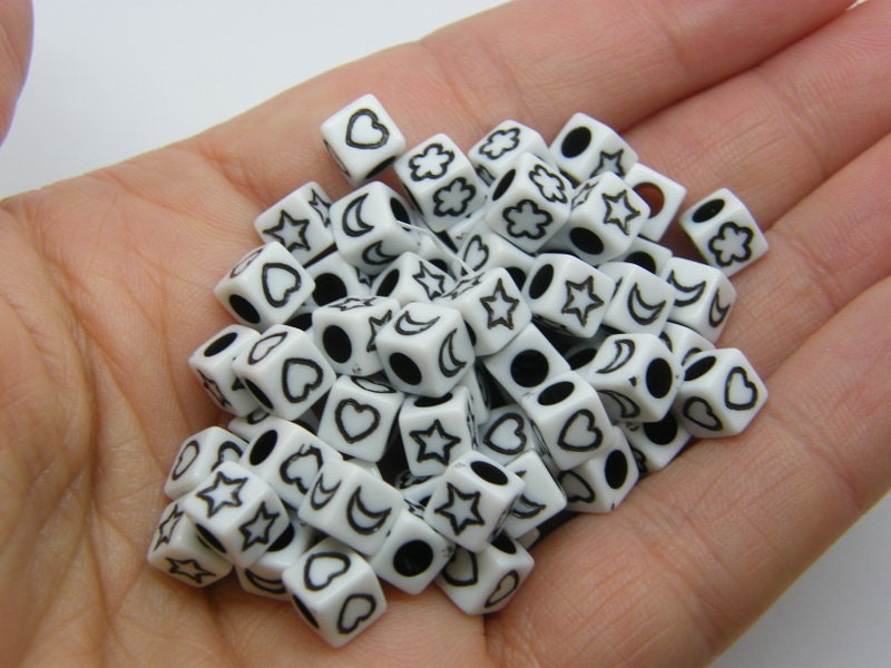 100 Moon star heart flower beads white black acrylic AB570 - SALE 50% OFF