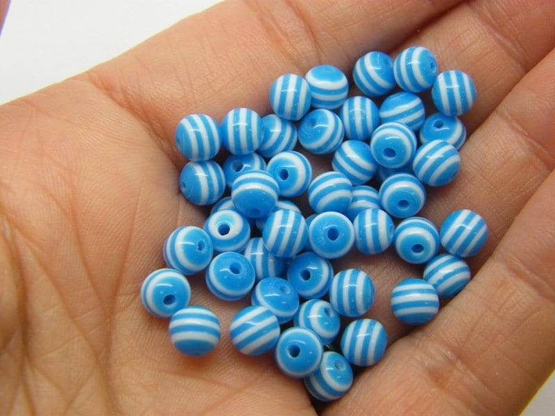 100 Blue white striped beads 6mm resin AB593