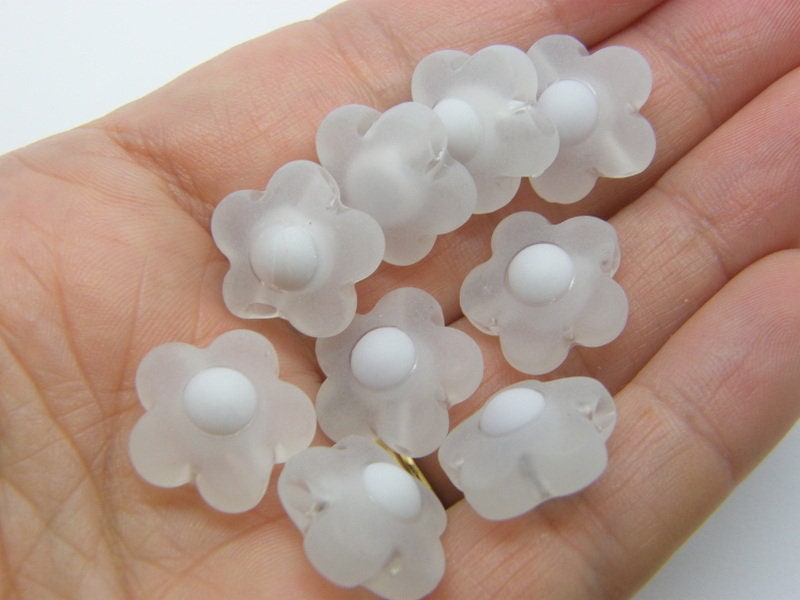 20 Flower beads clear smoky white frosted acrylic BB763  - SALE 50% OFF