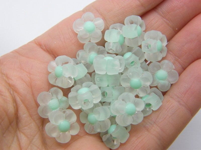 40 Flower beads clear and green frosted acrylic BB316  - SALE 50% OFF