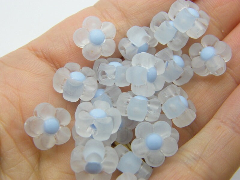 40 Flower beads clear and blue frosted acrylic BB318  - SALE 50% OFF