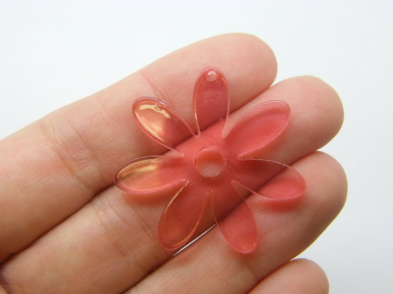 4 Flower pendants transparent red acrylic F651