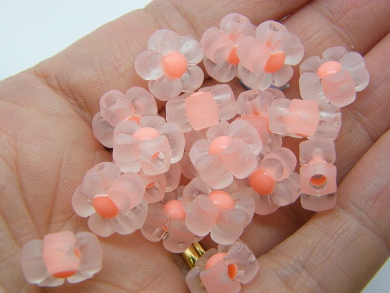 40 Flower beads clear and dark peach frosted acrylic BB320