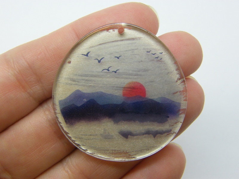 2 Mountains sky bird sun scenery pendants printed acrylic WT79