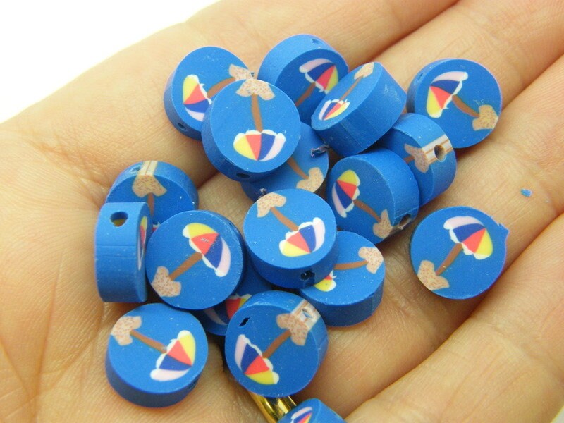 30 Beach umbrella beads blue polymer clay P310 - SALE 50% OFF