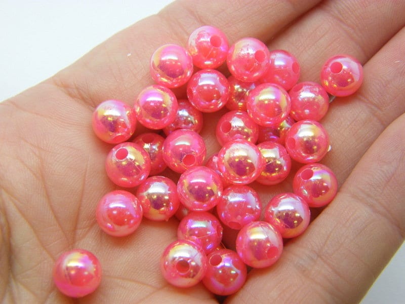100 Pink beads 8mm AB plastic AB111  - SALE 50% OFF