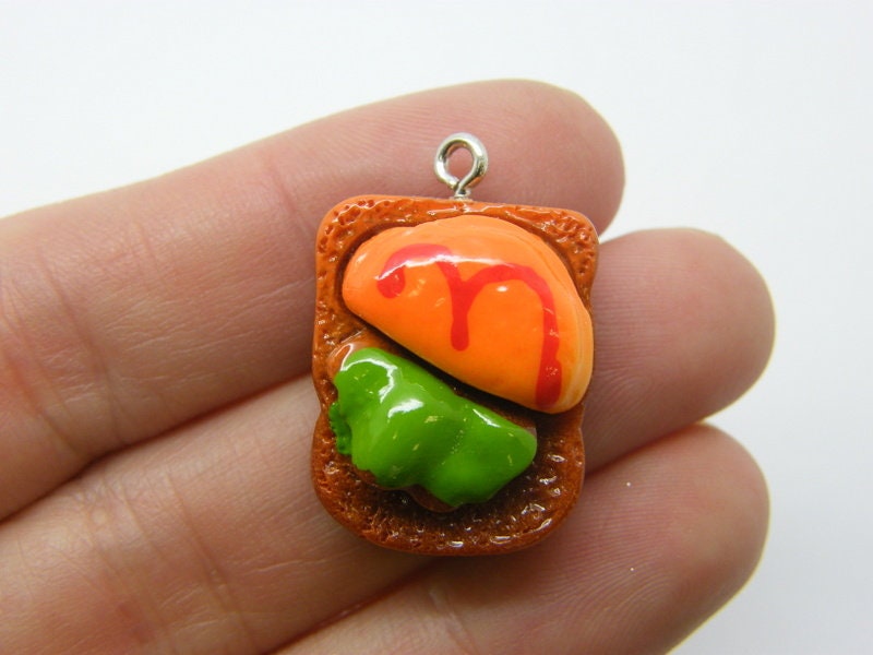 8 Toast charms brown green orange resin silver screw bails FD289