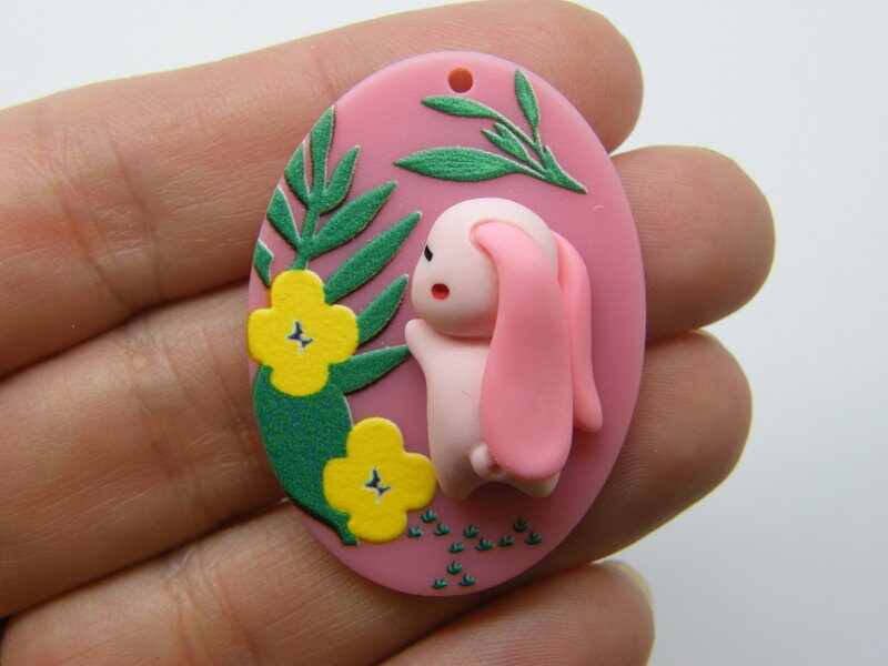 2 Rabbit bunny flowers pendants raised brown acrylic A218