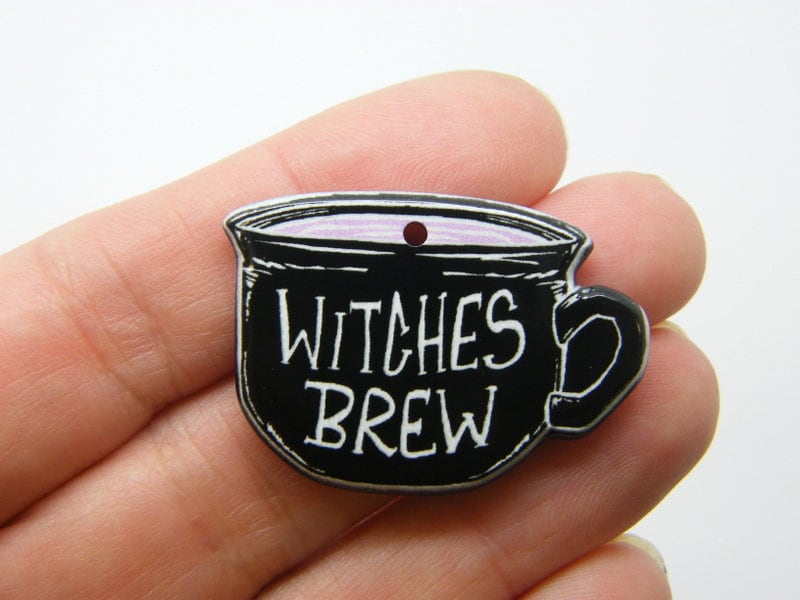 2 Witches brew teacup pendant black white pink acrylic HC770