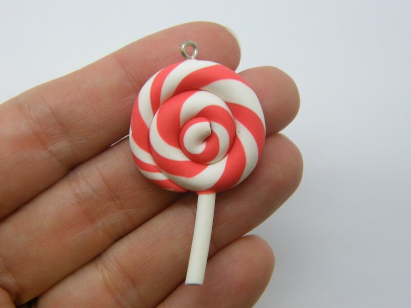4 Christmas lollipop pendants red white polymer clay FD770