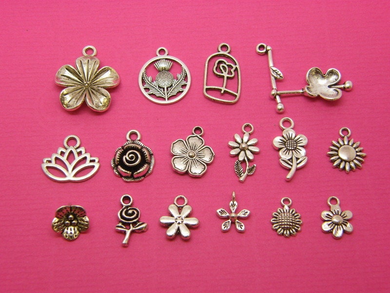 The Flower Collection - 16 different antique silver tone charms