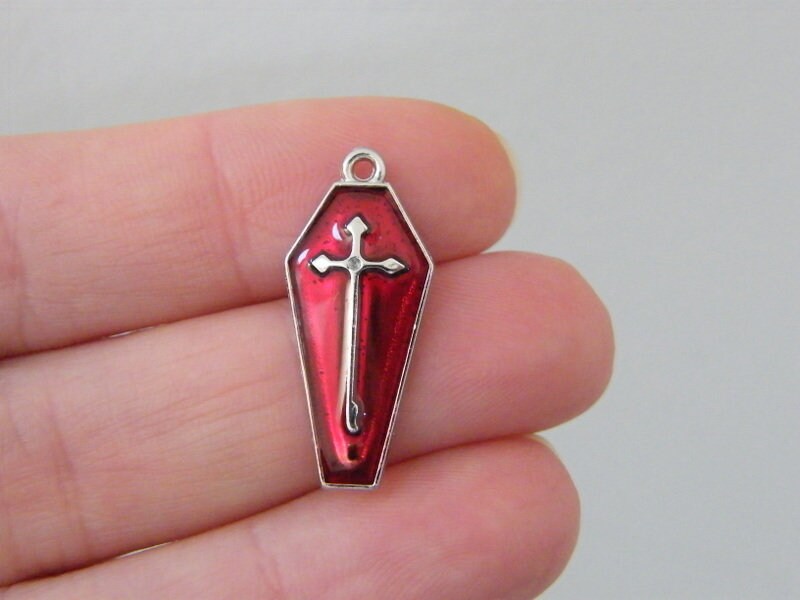 4 Coffin charms silver and red tone HC761