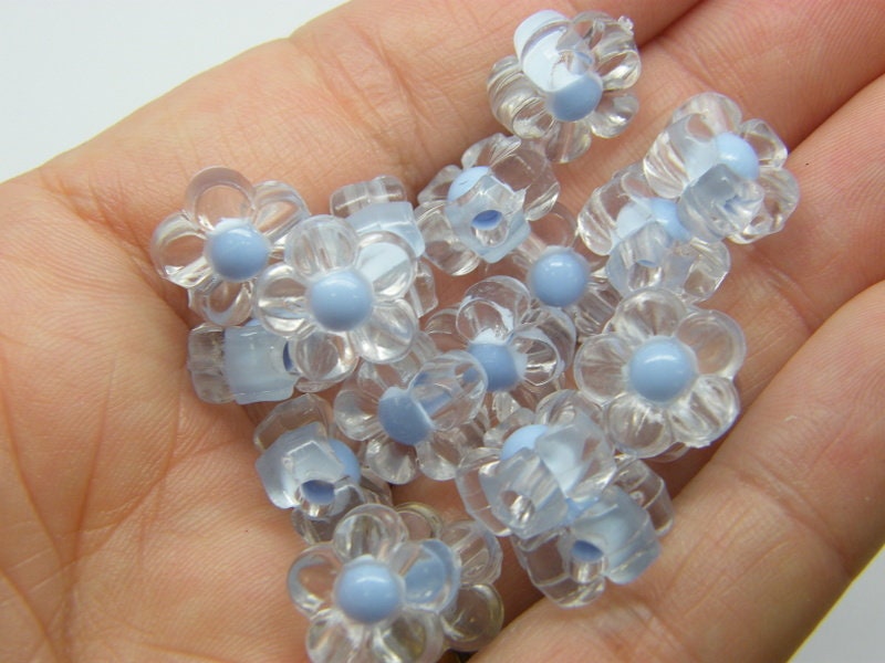 40 Flower beads clear and blue acrylic BB311  - SALE 50% OFF