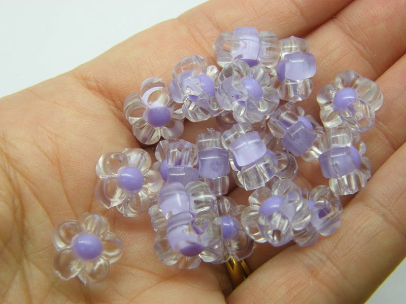 40 Flower beads clear and purple acrylic BB309  - SALE 50% OFF
